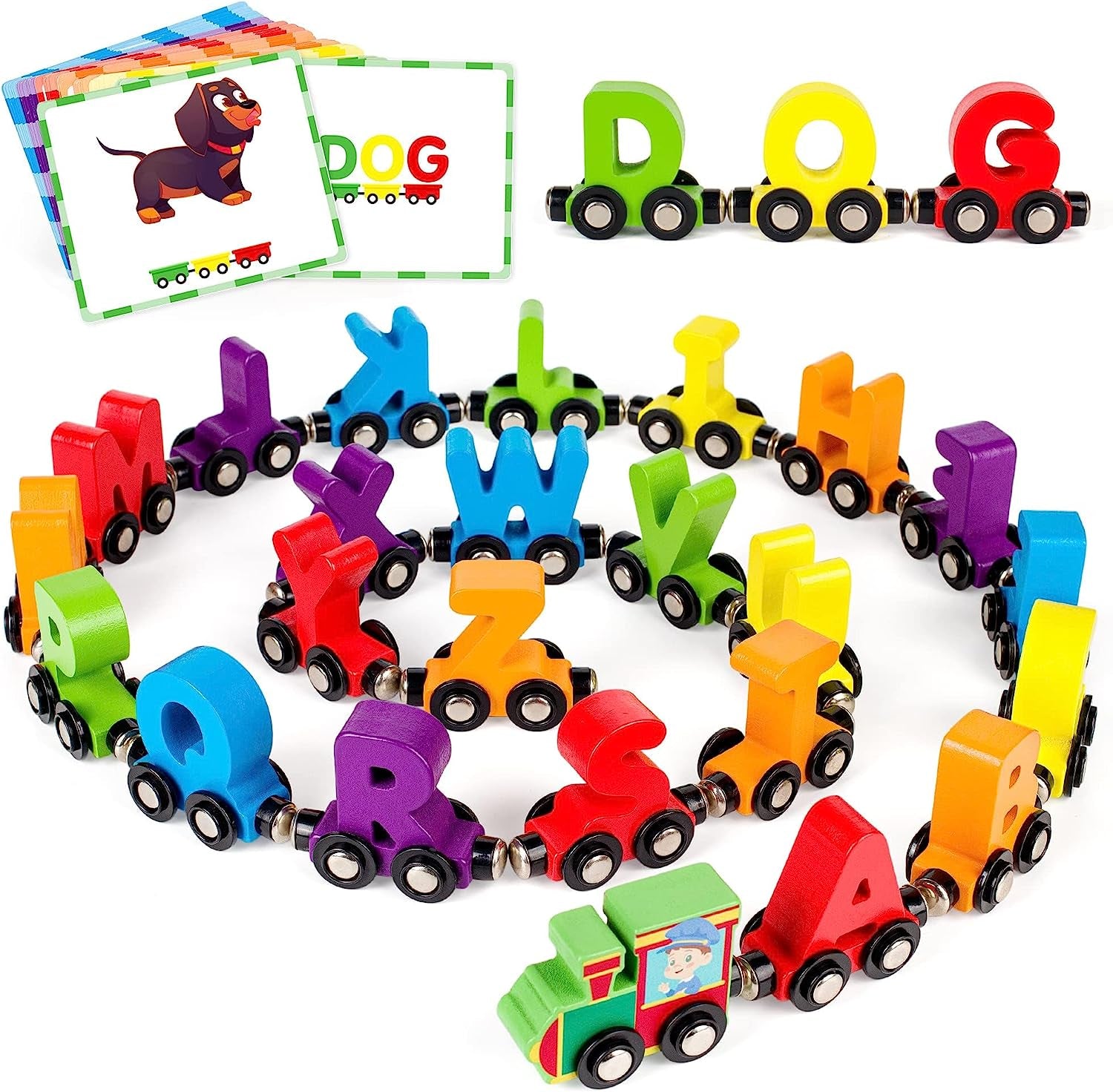 Discover the Joy of Learning with the Vanmor 27-Piece Magnetic Wooden Alphabet Train Set - Complete with 42 Flash Cards, Engine, and Storage Bag for Kids Aged 3 to 7!