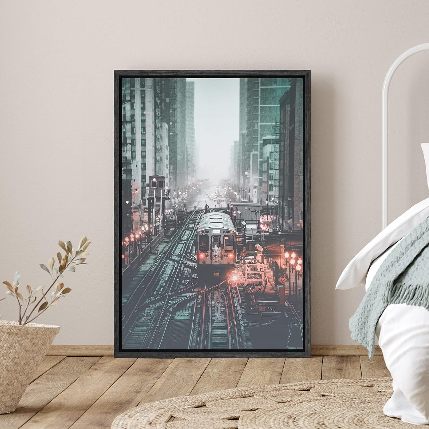 Framed Canvas Print Wall Art Trains between Skyscrapers Places Cityscape Photography Modern Art Bohemian Scenic Colorful Multicolor Ultra for Living Room, Bedroom, Office - 16"X24" BLACK