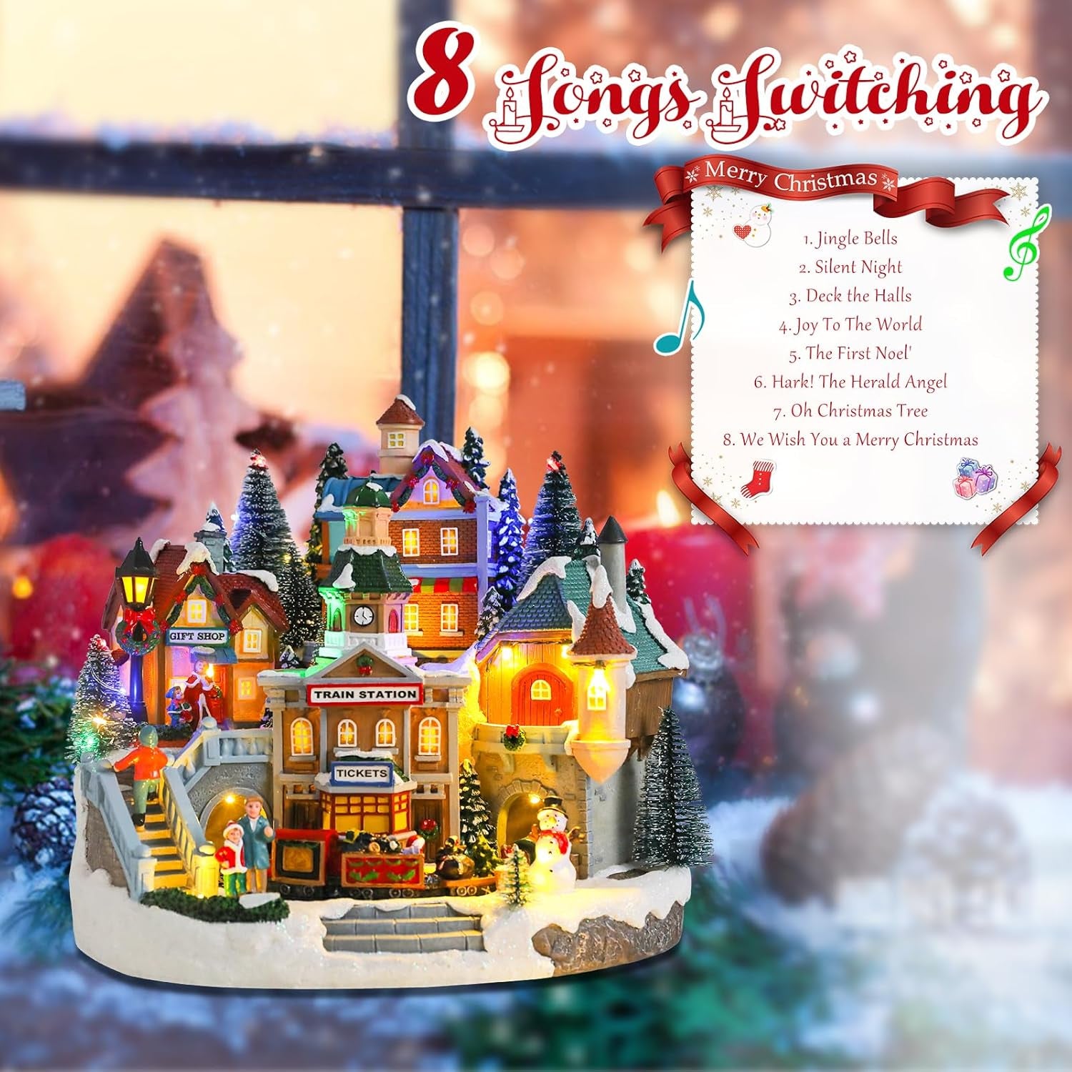 Christmas Village Collectible Musical Buildings with Train