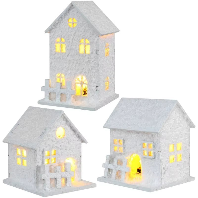 LED-Illuminated Wooden Christmas Village Figurines - Elegant Winter Holiday Decor for Celebratory Occasions