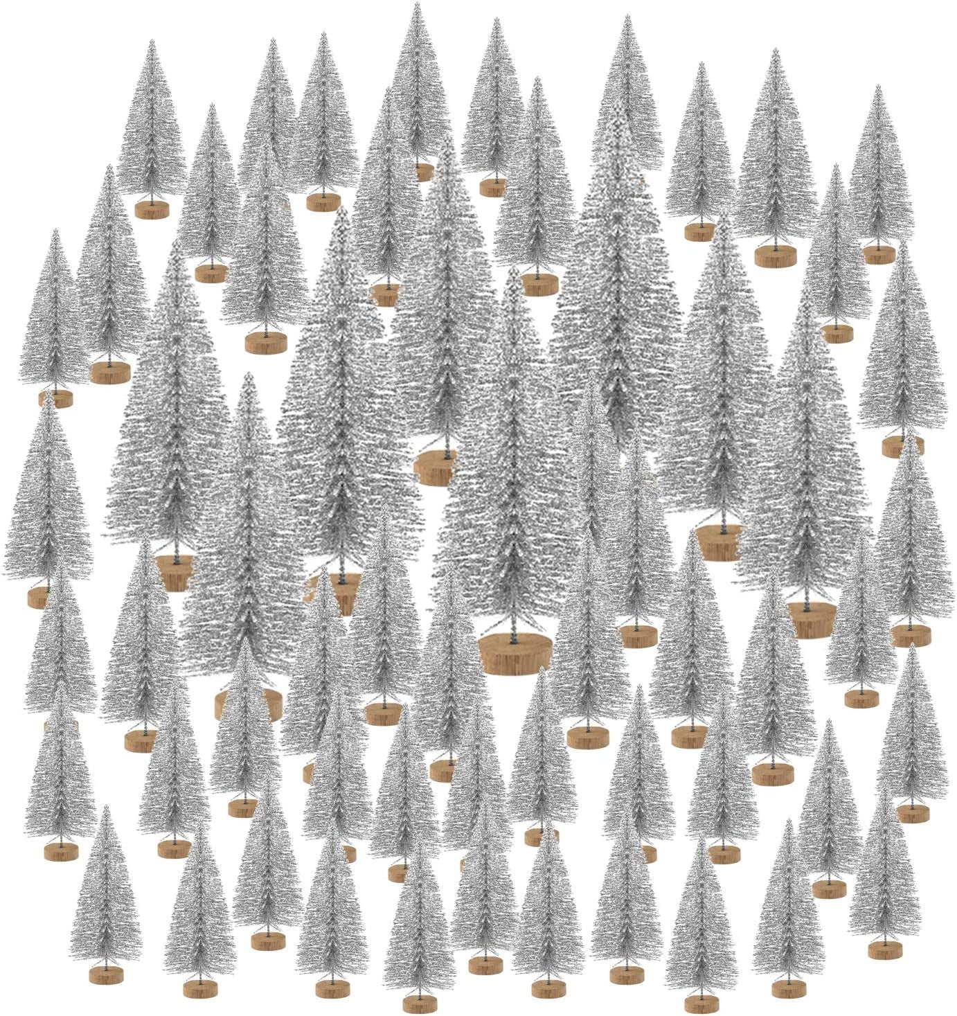KUUQA 60-Piece Mini Bottle Brush Christmas Trees for Tabletop Decor and Diorama Models - Silver Small Christmas Village Accessories