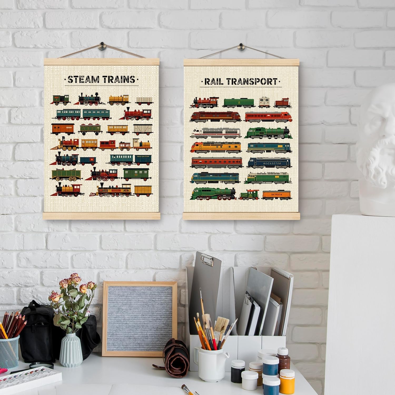 HKTZM Steam Trains Wooden Poster Hanger Frame 12.5×17 Inch,Vintage Train Locomotives Rail Transport Hanging Wall Poster for Toddler Boy Room Playroom Nursery,Set of 2