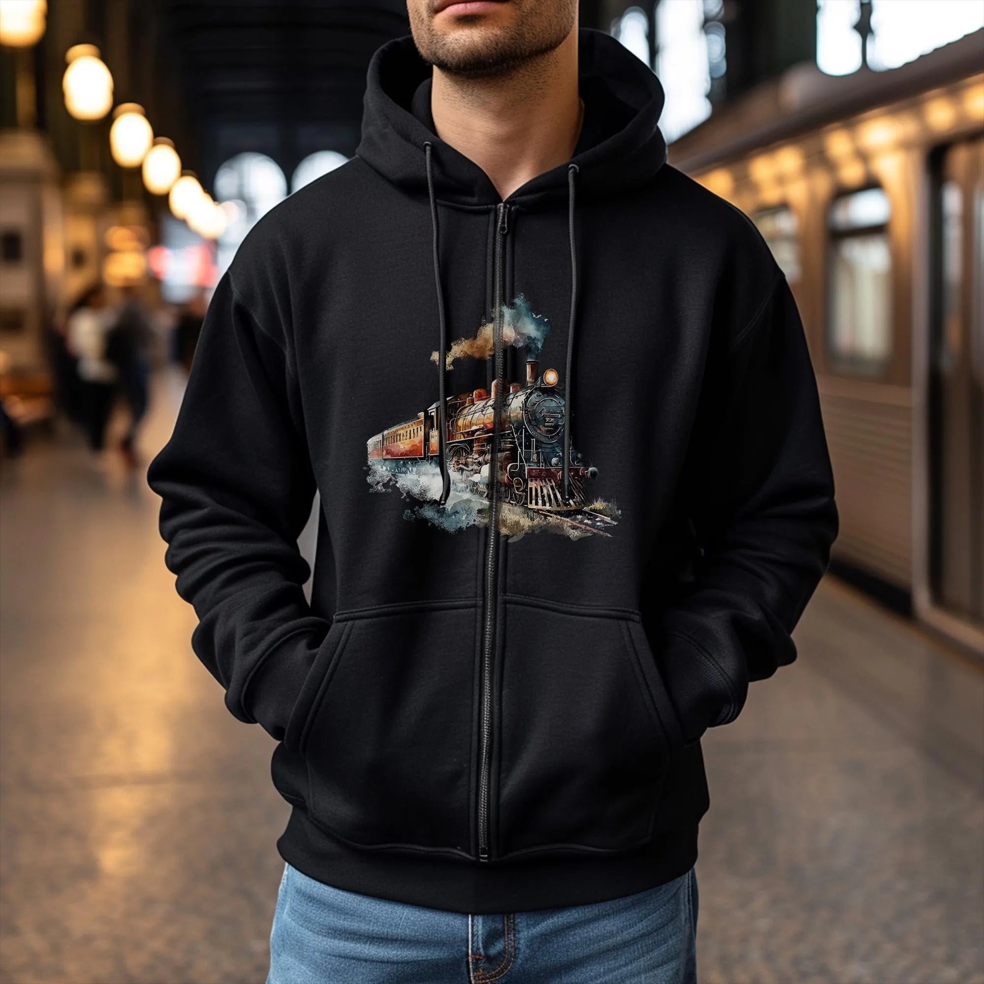 Vintage Steam Train Hoodie - Unisex Watercolor Sweatshirt