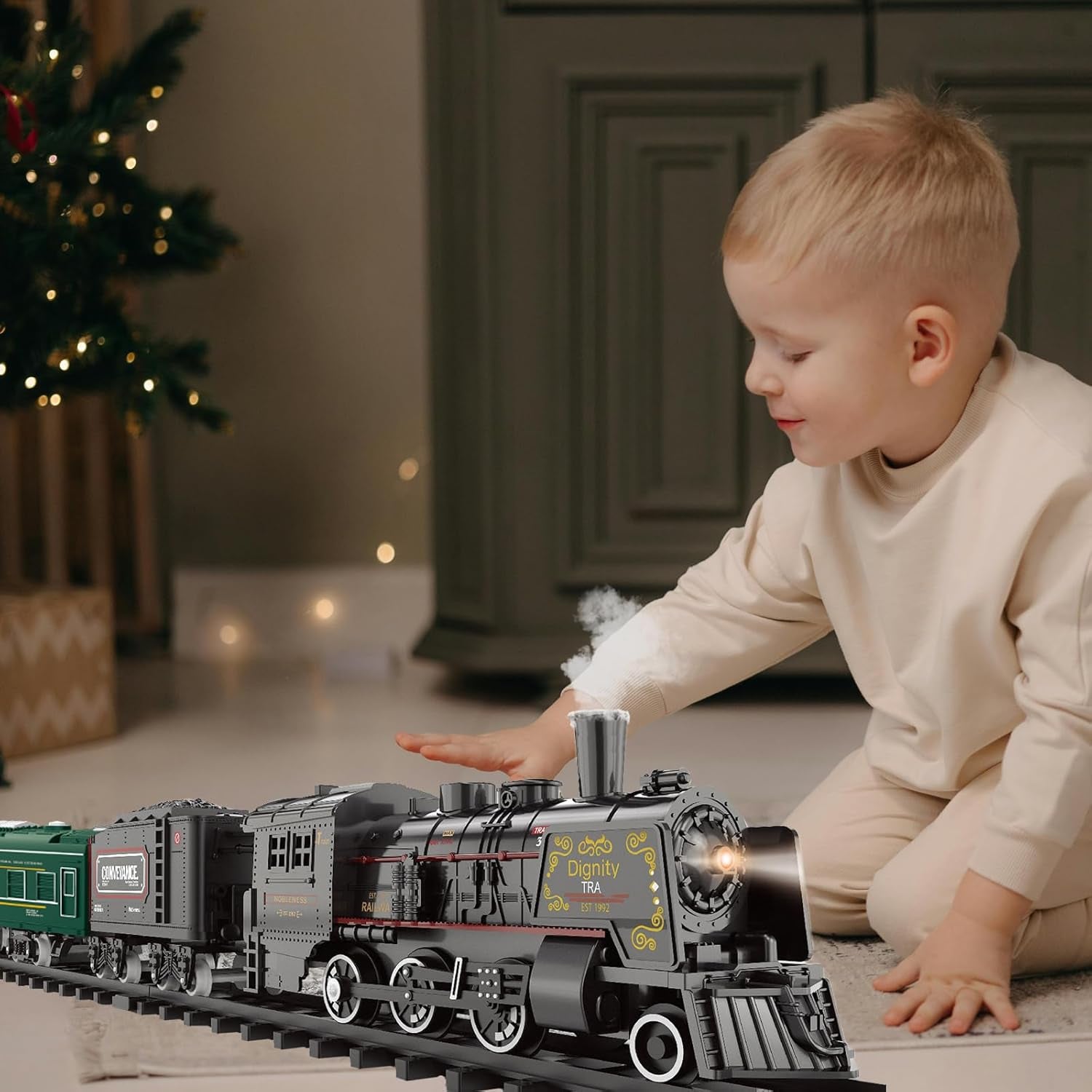 Electric Train Set for Children - Metal Alloy Christmas Steam Locomotive with Illuminated Passenger Carriages, Premium Tracks, Sound & Light Features, Rechargeable Gift for Boys and Girls in Red and Green
