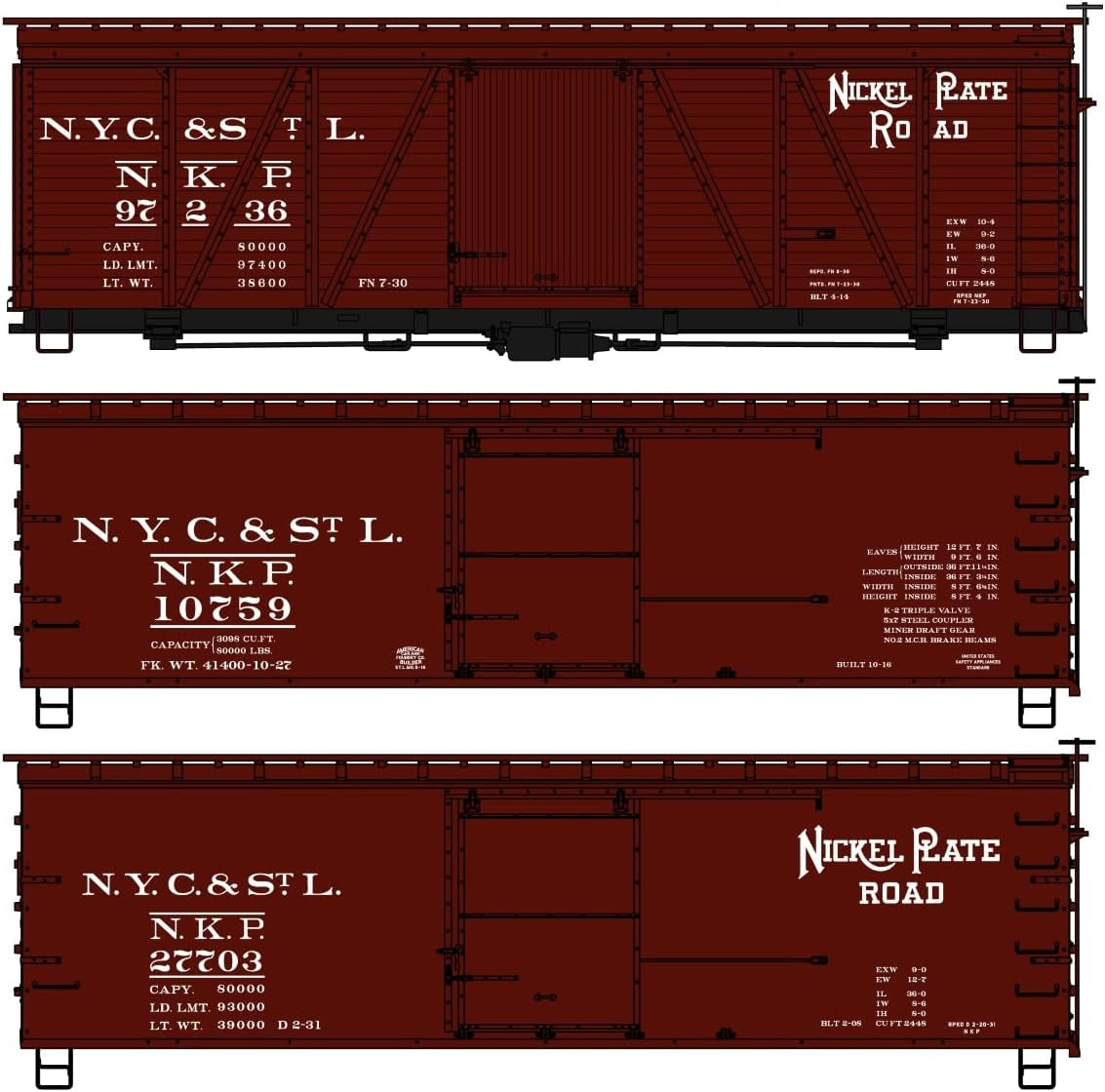 8140 40' Wood Boxcar 3-Pack Kit - Nickel Plate Models 97236, 10759, 27703 (Three Schemes in Boxcar Red)