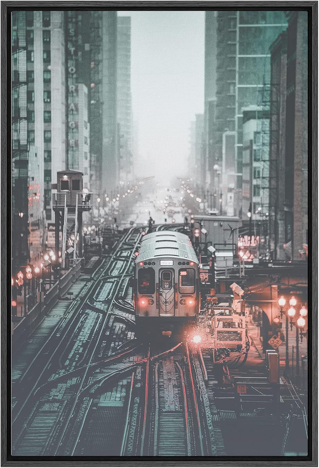 Framed Canvas Print Wall Art Trains between Skyscrapers Places Cityscape Photography Modern Art Bohemian Scenic Colorful Multicolor Ultra for Living Room, Bedroom, Office - 16"X24" BLACK