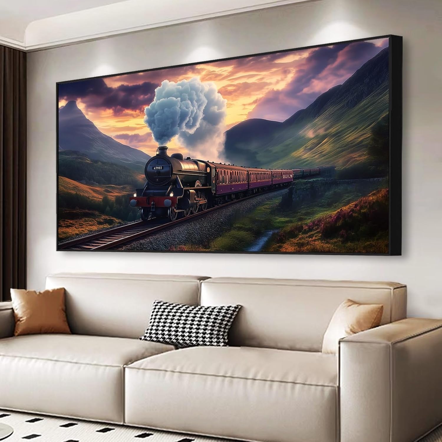 Steam Train Canvas Wall Art, Mountains Landscape Canvas Wall Art, Train Wall Decor, Steam Locomotive Train Picture, Nature Pictures Wall Decor, Wall Art for Living Room Bedroom (Gold Framed, 30"X17" | 76X43Cm)