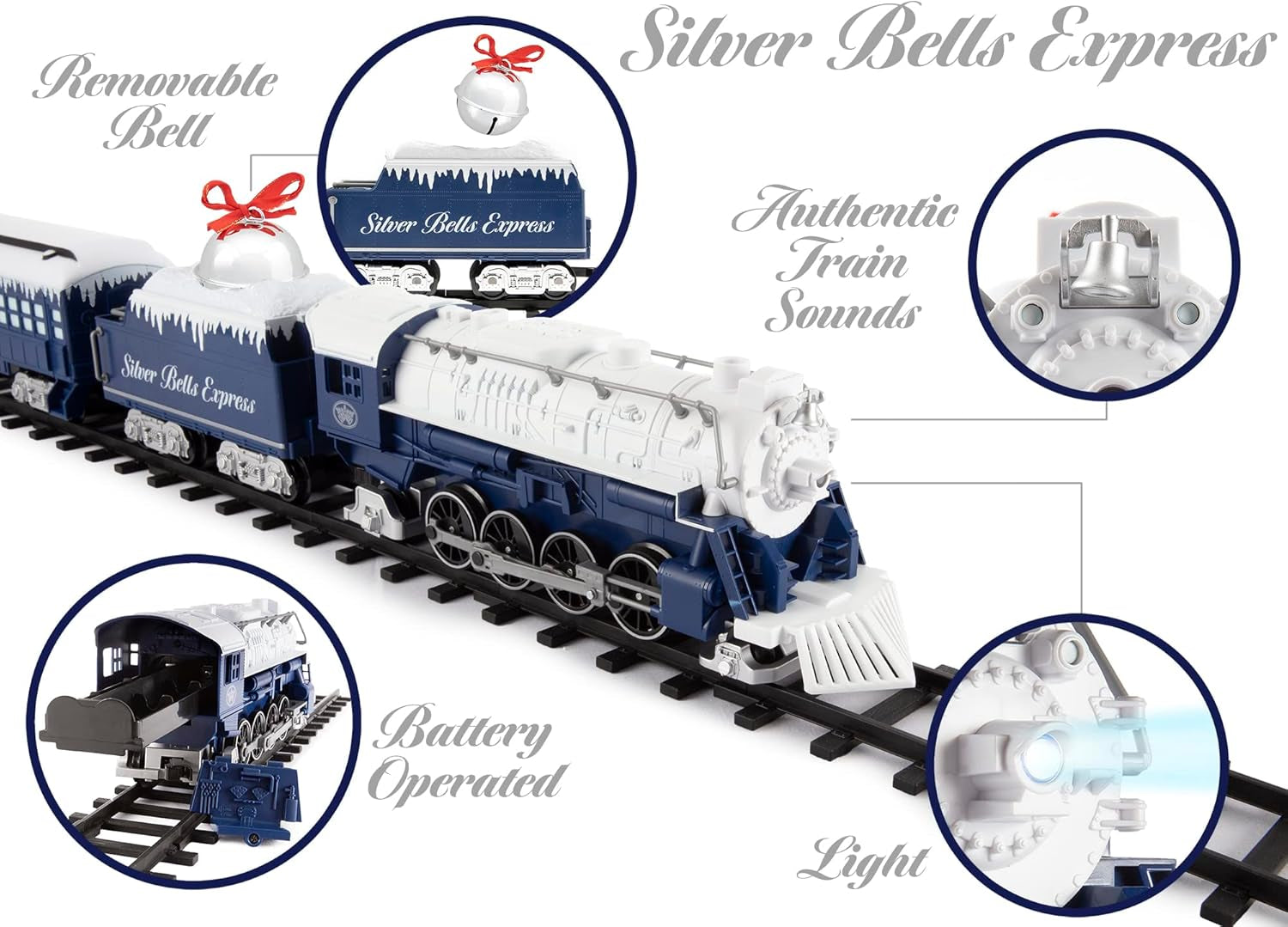Lionel Silver Bells Express Battery-Operated Toy Train Set with Locomotive, Cars, Track, Remote Control, Authentic Sounds, and Lights for Children Ages 4 and Up