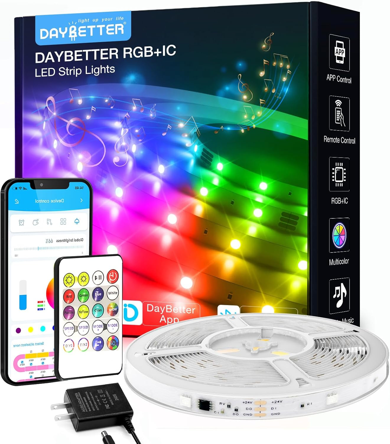 BGRIC 16.4FT RGB LED Strip Lights with Bluetooth App and Remote Control - 24V 5050 Color Changing Indoor Lighting for Bedrooms, Parties, and Home Decor with Music Sync
