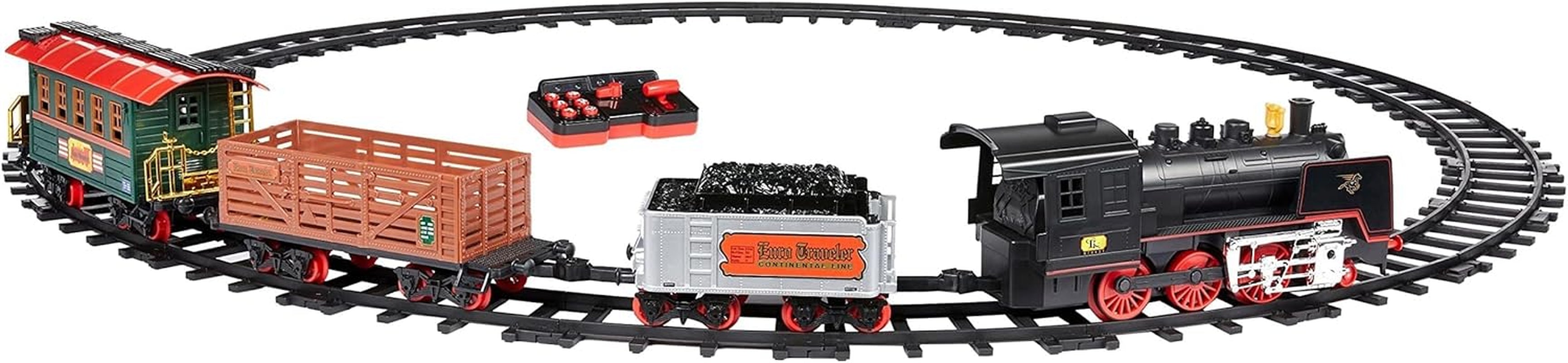 Amazon Basics Remote Control Steam Engine Model Train Set with Tender, Gondola, and Caboose - Features Smoke, Working Lights, and Realistic Sounds - Suitable for Ages 3 and Up - Multicolor