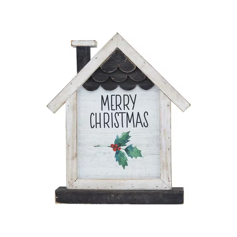 12.375-Inch White Wooden Christmas House Tabletop Decoration