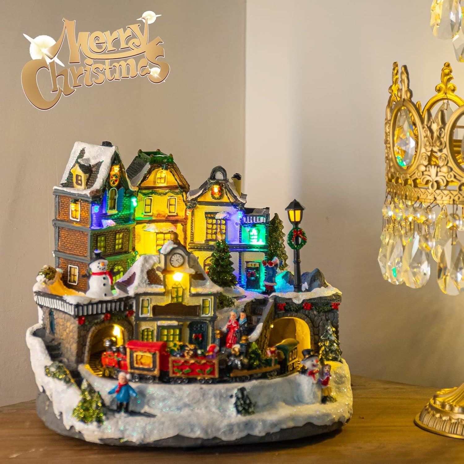 Christmas Village Decor Set with Train and LED Lights