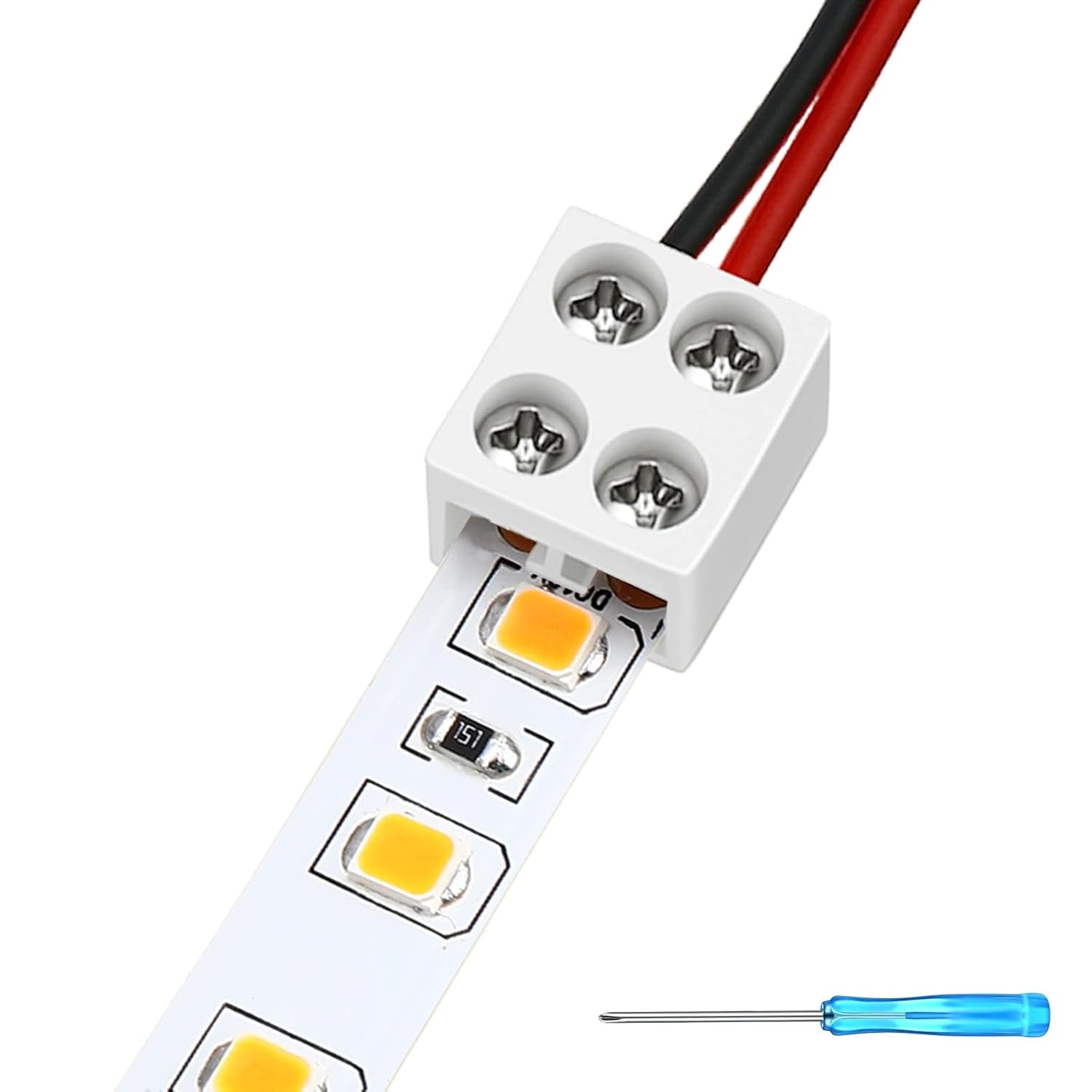 25-Pack 2-Pin 8mm LED Tape Light Connectors with Screw Terminal Blocks and Screwdriver for 5V, 12V, and 24V Monochrome Low Voltage Decorative LED Strips