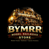 Logo of BYMRR Model Railroad Store with a vintage steam locomotive on a black background.