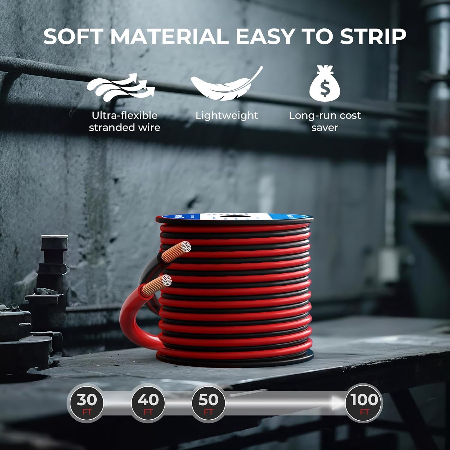 16 AWG Copper Clad Aluminum 2-Conductor Red and Black Electrical Wire, 100FT - Flexible PVC Insulated Low Voltage Cable for 12V/24V DC Applications in Automotive, Audio, LED Strips, and RC Vehicles