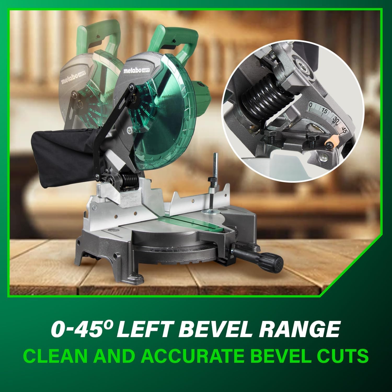 10-Inch Compound Miter Saw with 15-Amp Motor, Precision Miter Angles, Single Bevel 0-45°, 24T TCT Blade, Positive Stops, Lightweight Design, Model C10FCGS