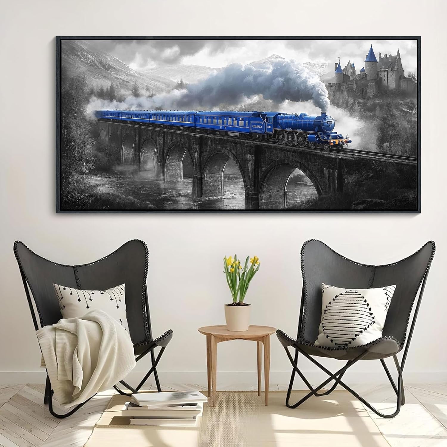 JEAWA Large Framed Canvas Painting - Blue White Gray Landscape Wall Art, Picture with Castle Bridge Train, Modern Art Prints for Living Room Bedroom Home Decoration, 29X58 IN