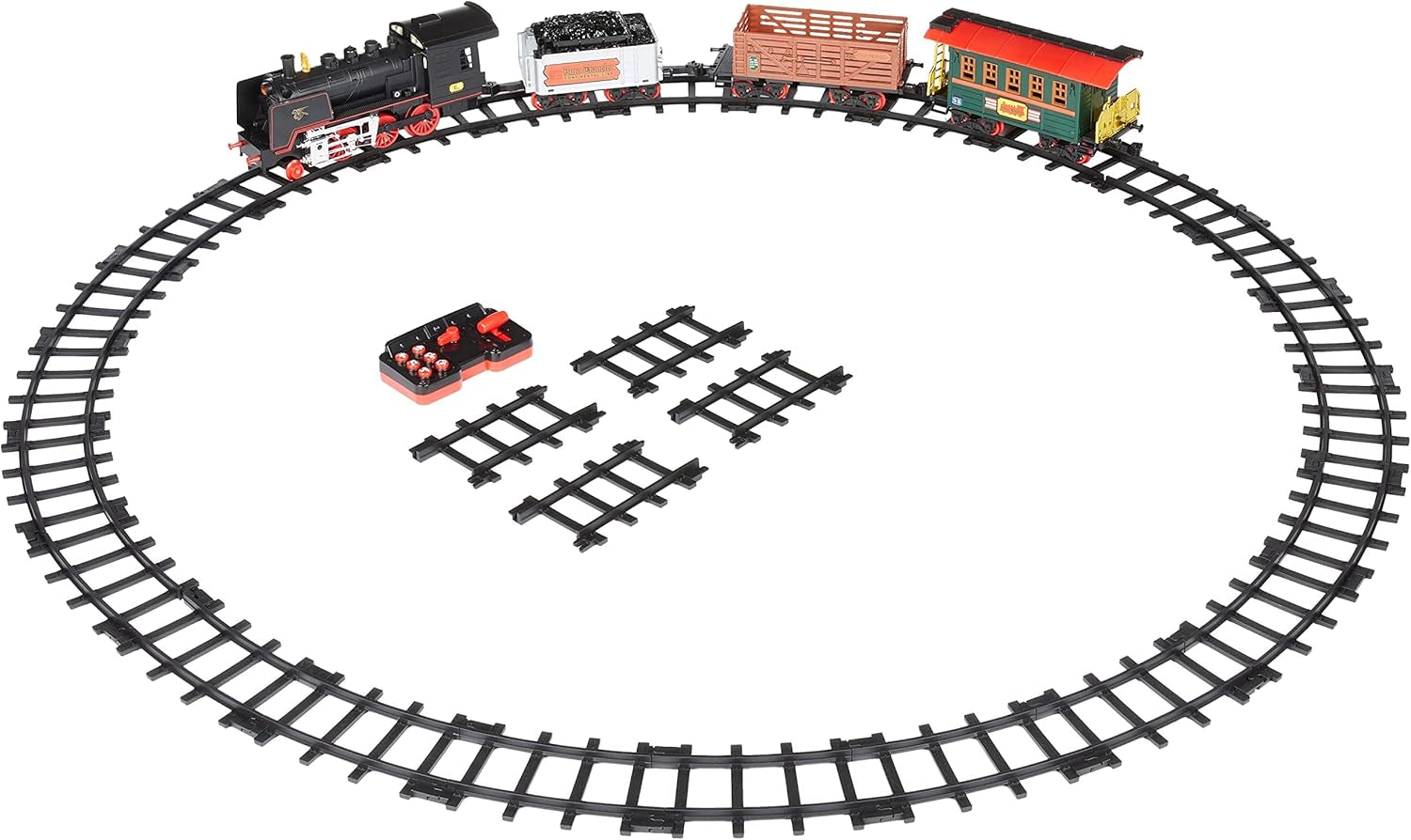 Amazon Basics Remote Control Steam Engine Model Train Set with Tender, Gondola, and Caboose - Features Smoke, Working Lights, and Realistic Sounds - Suitable for Ages 3 and Up - Multicolor