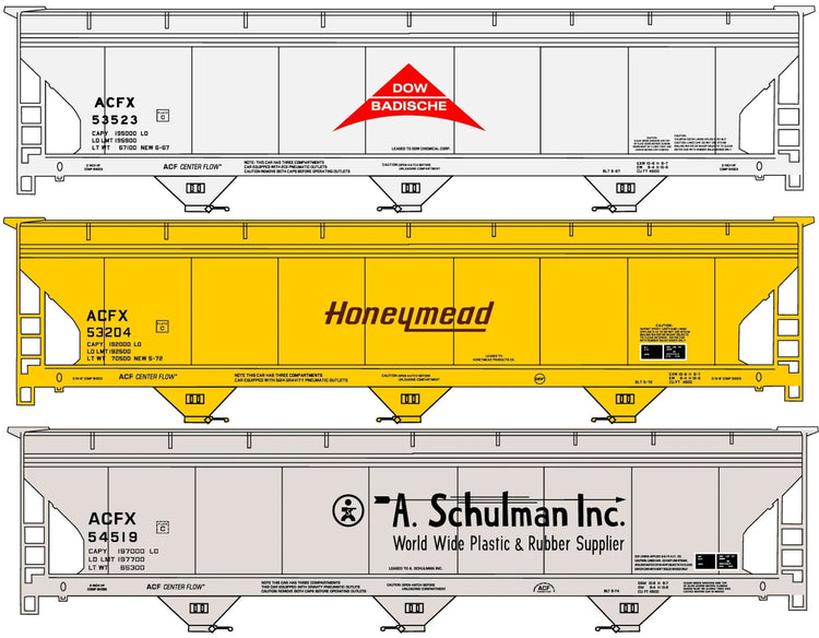 Three-car set of Accurail Inc. 8176 ACF covered hopper cars, detailed model train freight cars with realistic paint and markings.