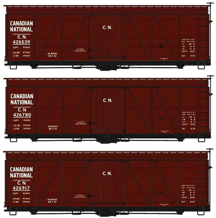 Canadian National model 8154 three-car train set by Accurail Inc, detailed model railway cars on display.