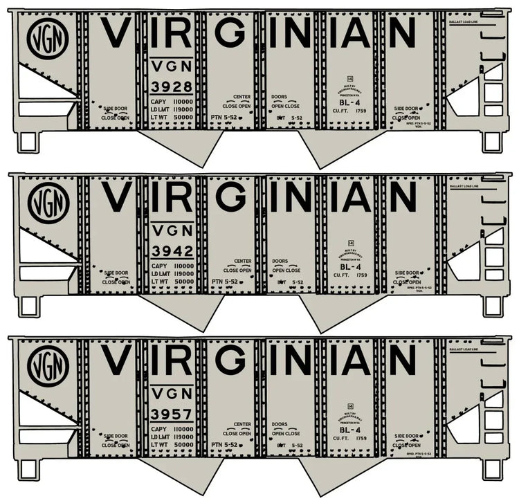 Enhance Your Model Railroad with the Authentic 8175 Virginian Twin Hopper Three-Car Set - BYMRR Train Store
