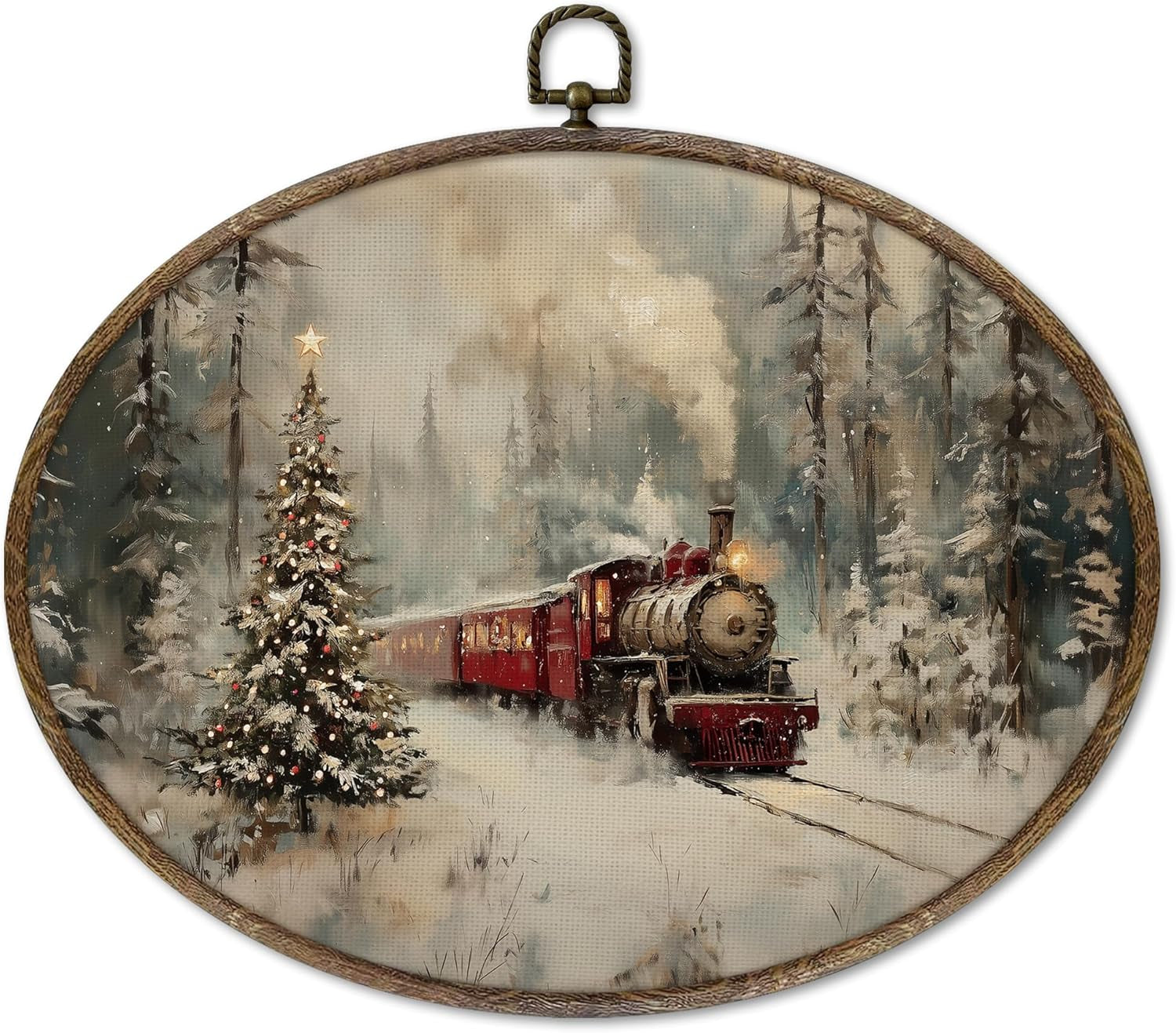 XNXLDYLH Vintage Christmas Train Tree Oval Framed Wall Art Decor, Rustic Christmas Train Scene Hanging Wall Decor Decorations, Winter Scene Farmhouse Canvas Prints Art Paintings for Home, 11.5X8.5Inch