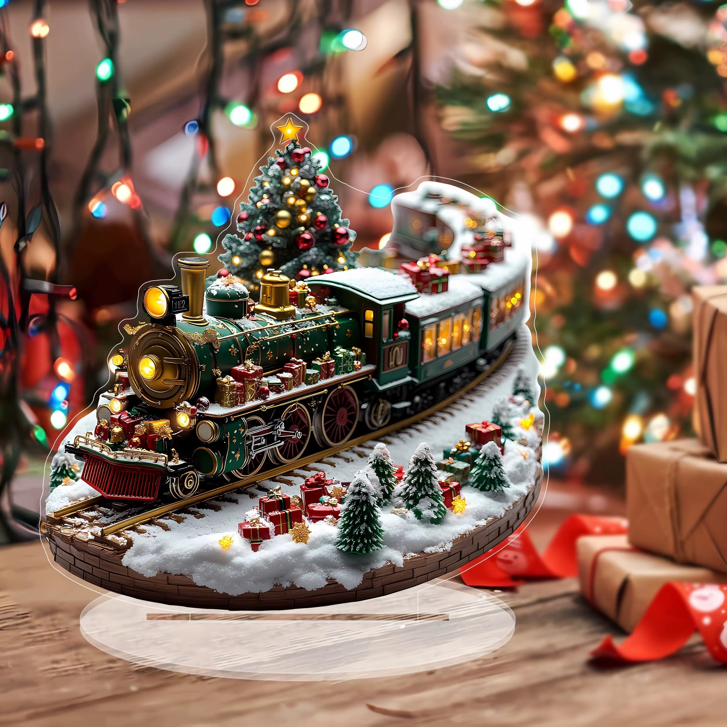 Christmas Village House Set Featuring Rotating Train Display and LED Musical Figurines - Battery-Operated Holiday Decoration