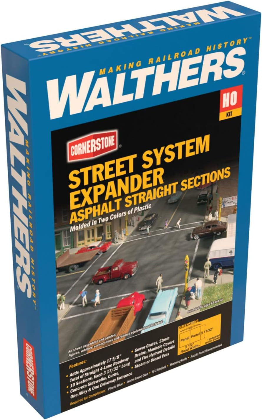 Walthers Cornerstone HO Scale Asphalt Street System - Straight Sections Package (10) with Accessories 933-3195 - Scenery Kit for Model Railroads