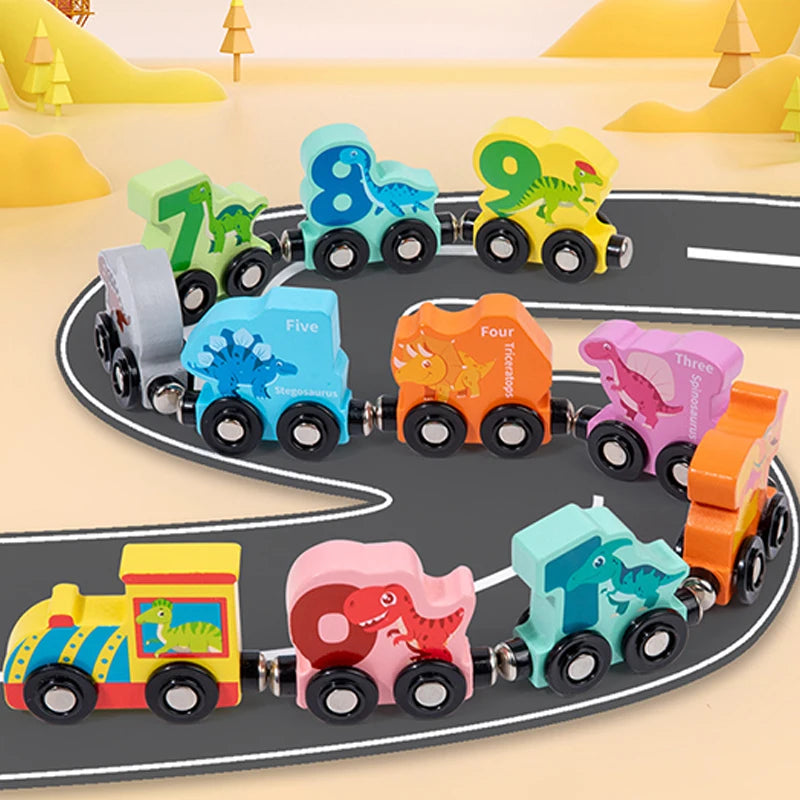 11Pcs/Sets Magnetic Dinosaur Train Number Wooden Toy Learning Cars with Numbers Color Train Montessori Toys for Kids Toddler