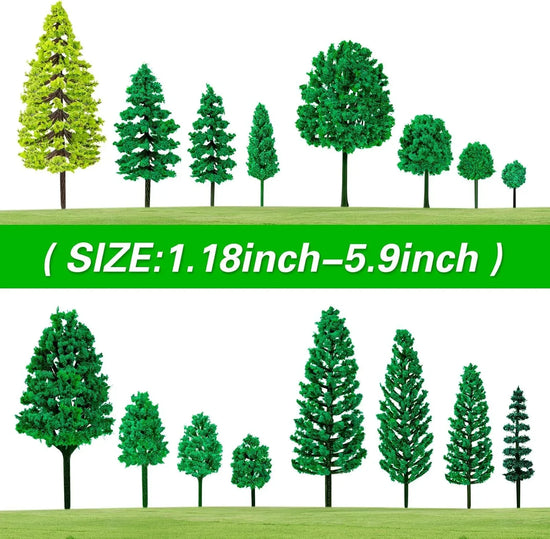 Assorted miniature trees by ALDMIO, 40-piece set, 1.2-6 inch scale models for dioramas, cake decorations, train scenery, and fairy gardens.