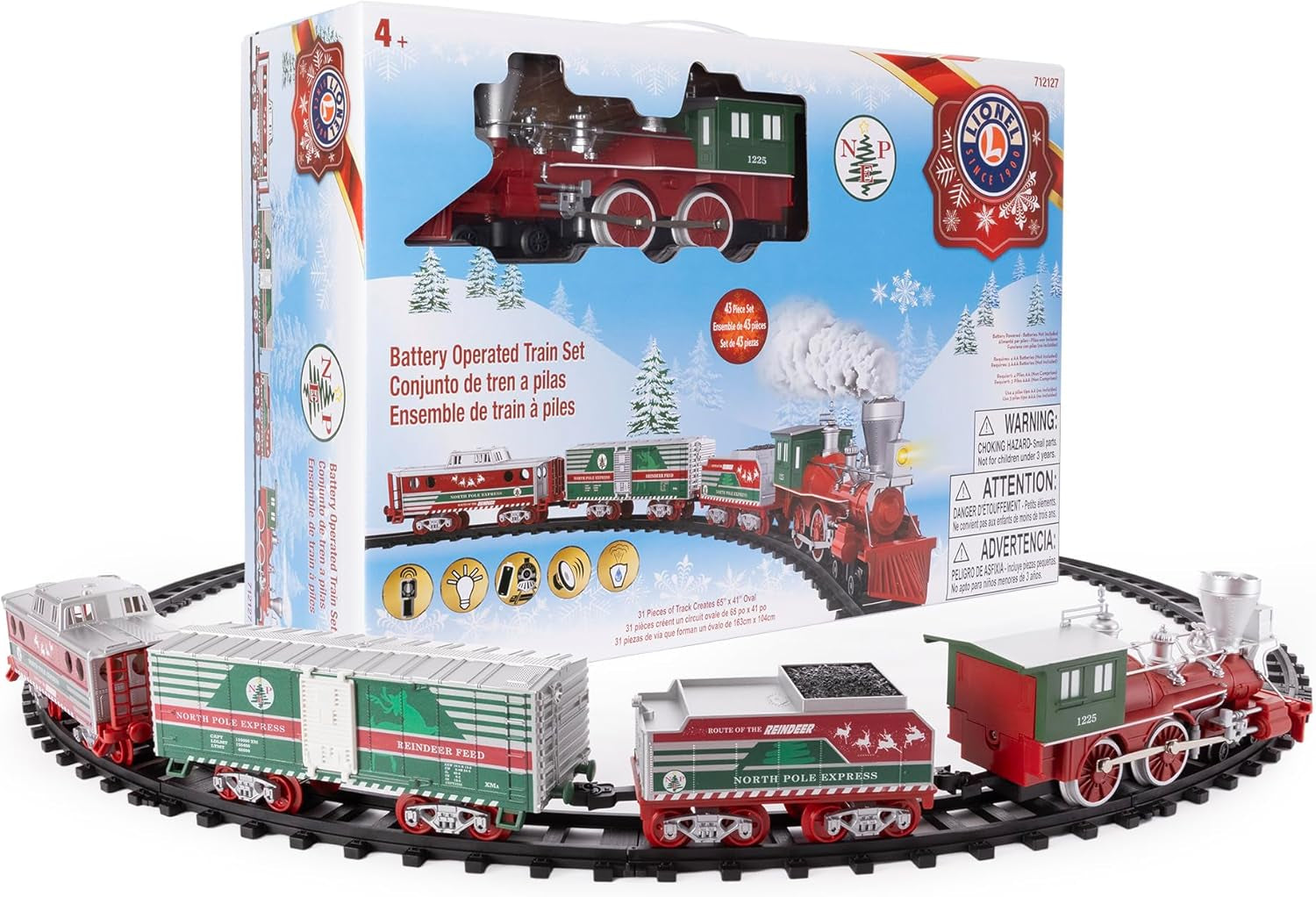 Lionel North Pole Express O Gauge Battery-Powered Toy Train Set with Remote Control, Locomotive, Cars, Track, Authentic Sounds, Lights, and Water Vapor Smoke Effects for Children Ages 4 and Up