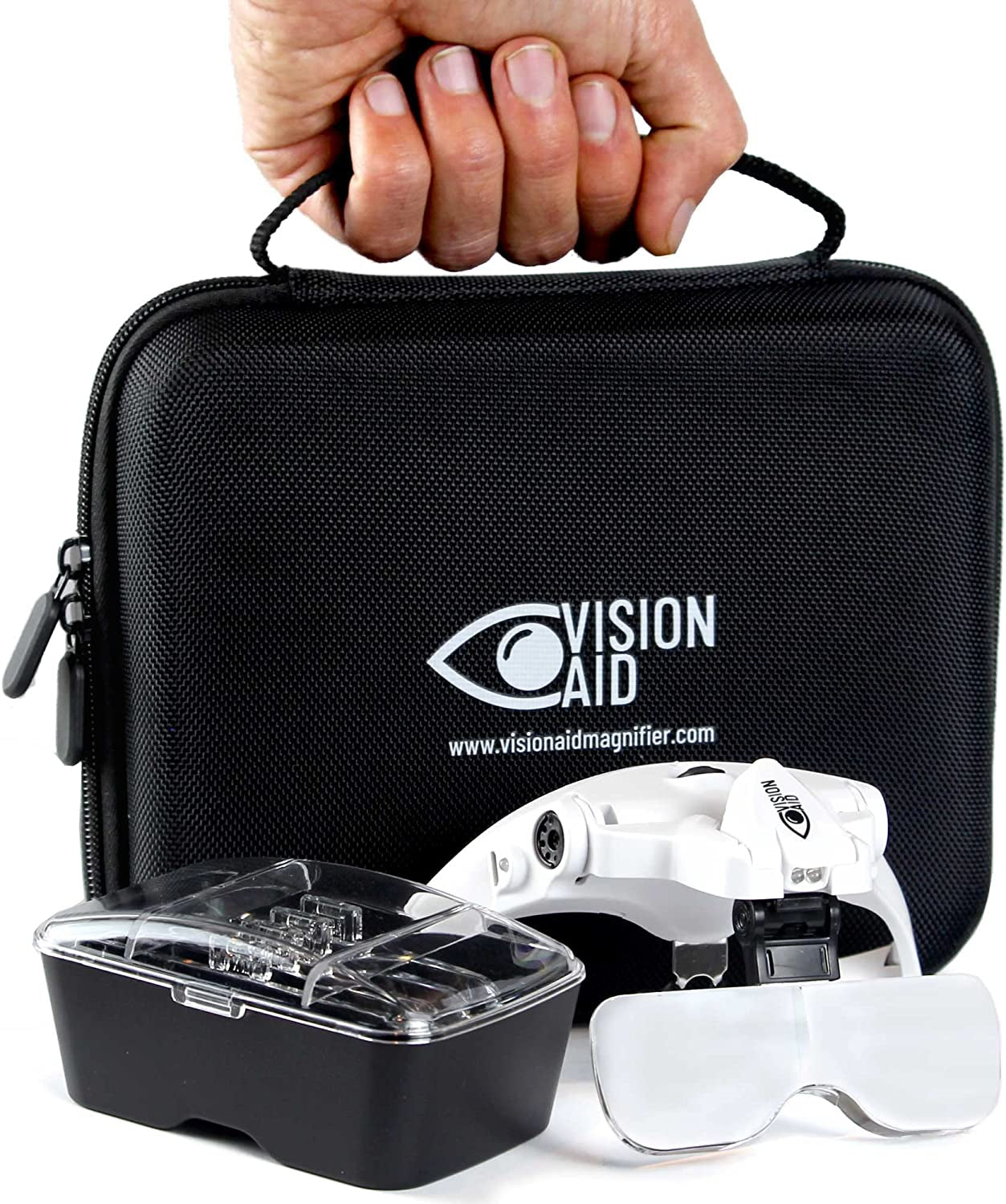 Vision Aid Magnifying Glasses with LED Light, 5 Lenses, Headband, Storage Case | Hands Free Lighted Head Mount Magnifier for Hobby Crafts Macular Degeneration Cross Stitch Diamond Painting Close Work