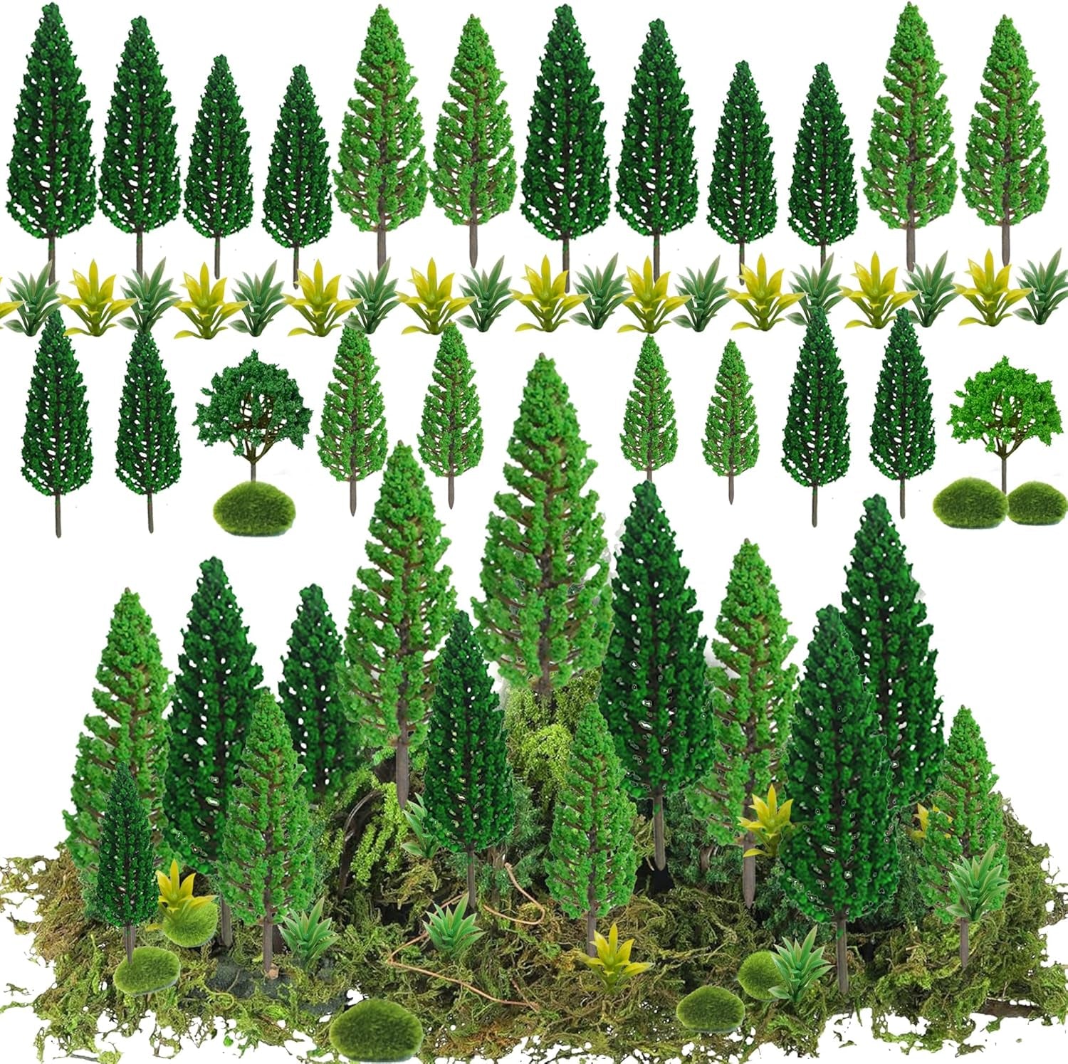 30-Piece Assorted Model Trees (1.7-6 Inches) with Artificial Moss Rocks for Diorama Architecture and Model Railway Scenery Supplies
