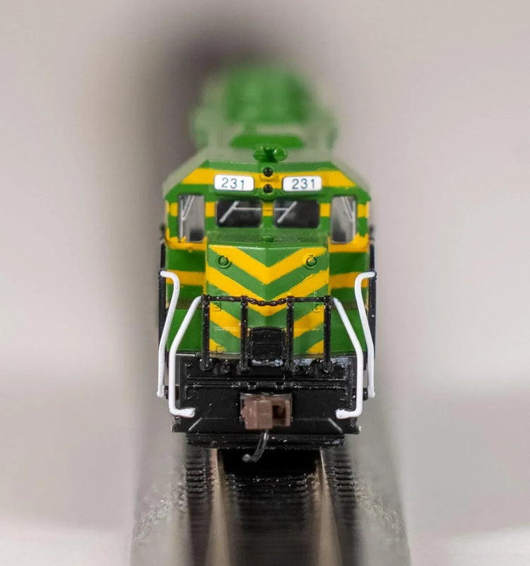 Bachmann Trains EMD GP40 diesel locomotive in MKT™ livery with dynamic brakes, detailed N scale model on a track scene.