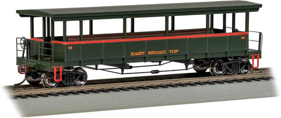 HO scale Bachmann East Broad Top open-sided excursion train car with detailed exterior and open windows.