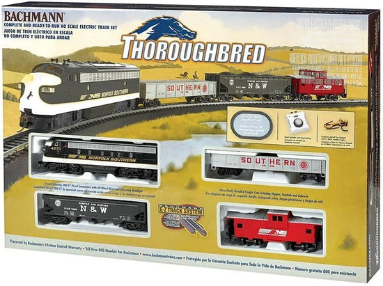 HO scale Bachmann Trains Thoroughbred electric train set with locomotive and cars on track, ready-to-run model by Bachmann Industries Inc.