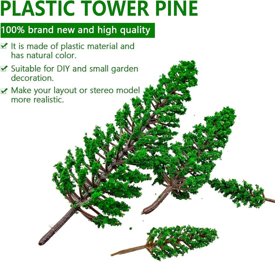 Assorted-sized N scale pine trees set for model railroad scenery, featuring 16 miniature pine trees in various heights from 1.4 to 6.3 inches.