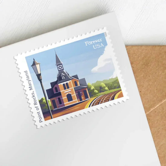 Sheet of 20 Railroad Stations Forever Postage Stamps by BYMRR Train Store, US First Class stamps for celebrations and special occasions.