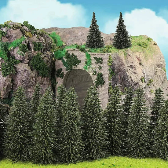 Set of 40 dark green pine model cedar trees for HO scale railroad scenery, 2.72 inches tall, ideal for landscape design.