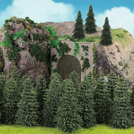 Set of 50 dark green pine model cedar trees, 2.05 inches tall, for HO and N scale model railroad scenery and landscape design.