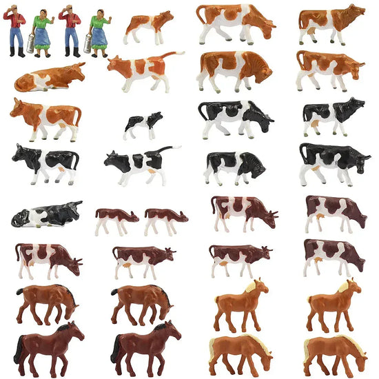 HO scale model train farm set with horses, cows, figures, and farm accessories in detailed miniature for train layouts.