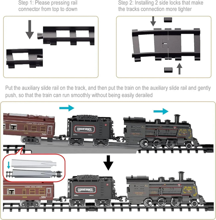 Electric train set for children featuring a metal alloy Christmas steam locomotive toy with colorful train cars.