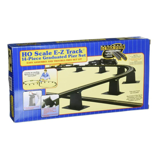 HO scale 14-piece E-Z Track graduated pier set for model railroads, featuring detailed concrete piers and tracks for realistic layouts.