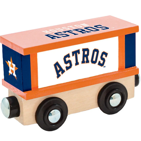 Wooden train box car featuring Houston Astros MLB logo, made by BYMRR Train Store, ideal for baseball and train enthusiasts.