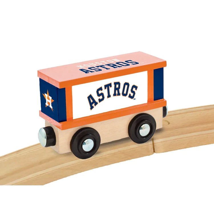 Wooden train box car featuring Houston Astros MLB team logo and colors, made by BYMRR Train Store.