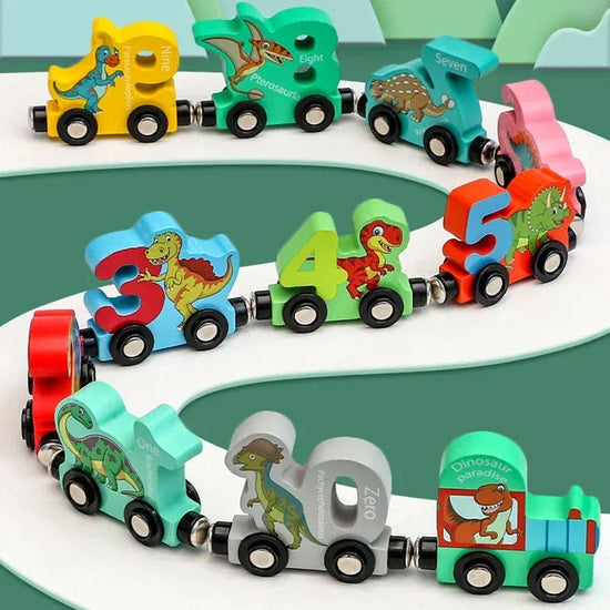 11-piece magnetic dinosaur train number wooden toy set for Montessori learning by BYMRR Train Store, featuring colorful dinosaur-shaped train pieces.