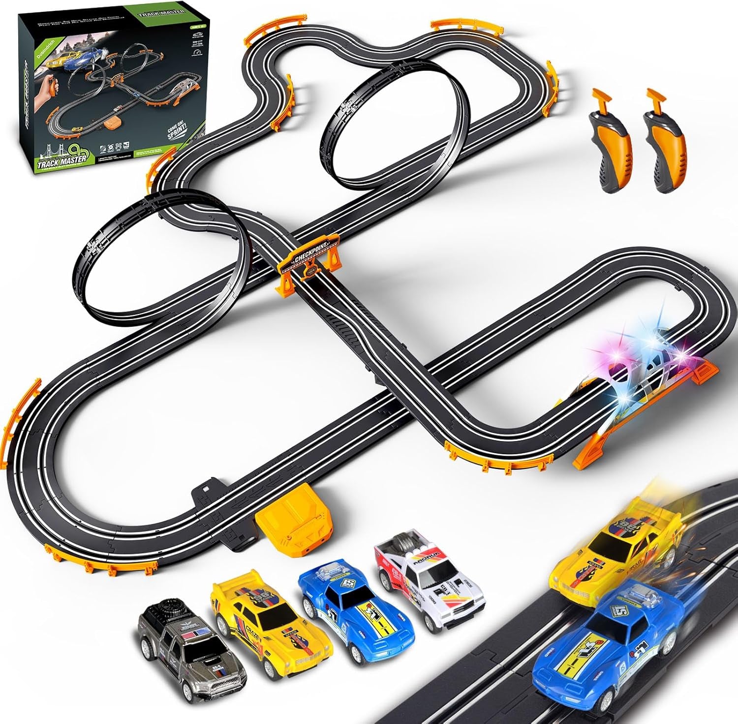 Slot Car Racing Track Set with 4 Electric Cars and Dual Track System, Includes Flash Bridge and Pendulum Toys - Perfect Gift for Children Aged 6 to 8 Years