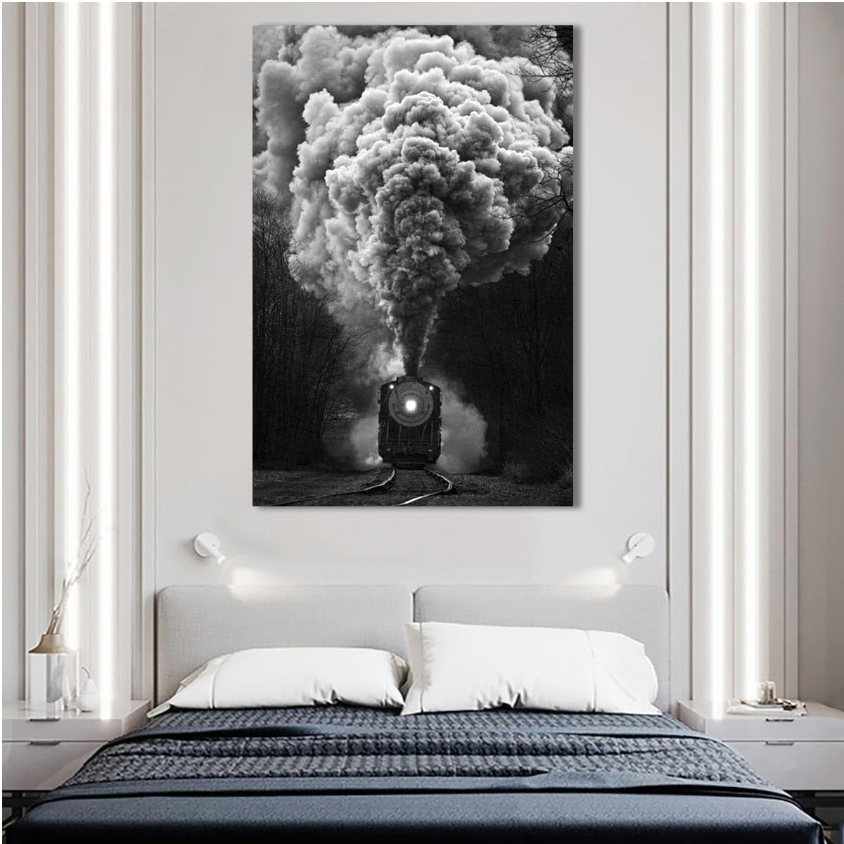 Black and White Pictures - Vintage Steam Train Canvas Wall Art Poster - Retro Painting Modern Rustic Artwork Print Wall Decor Gift for Living Room Bedroom Bathroom Home Farmhouse, 12"X18" No Frame