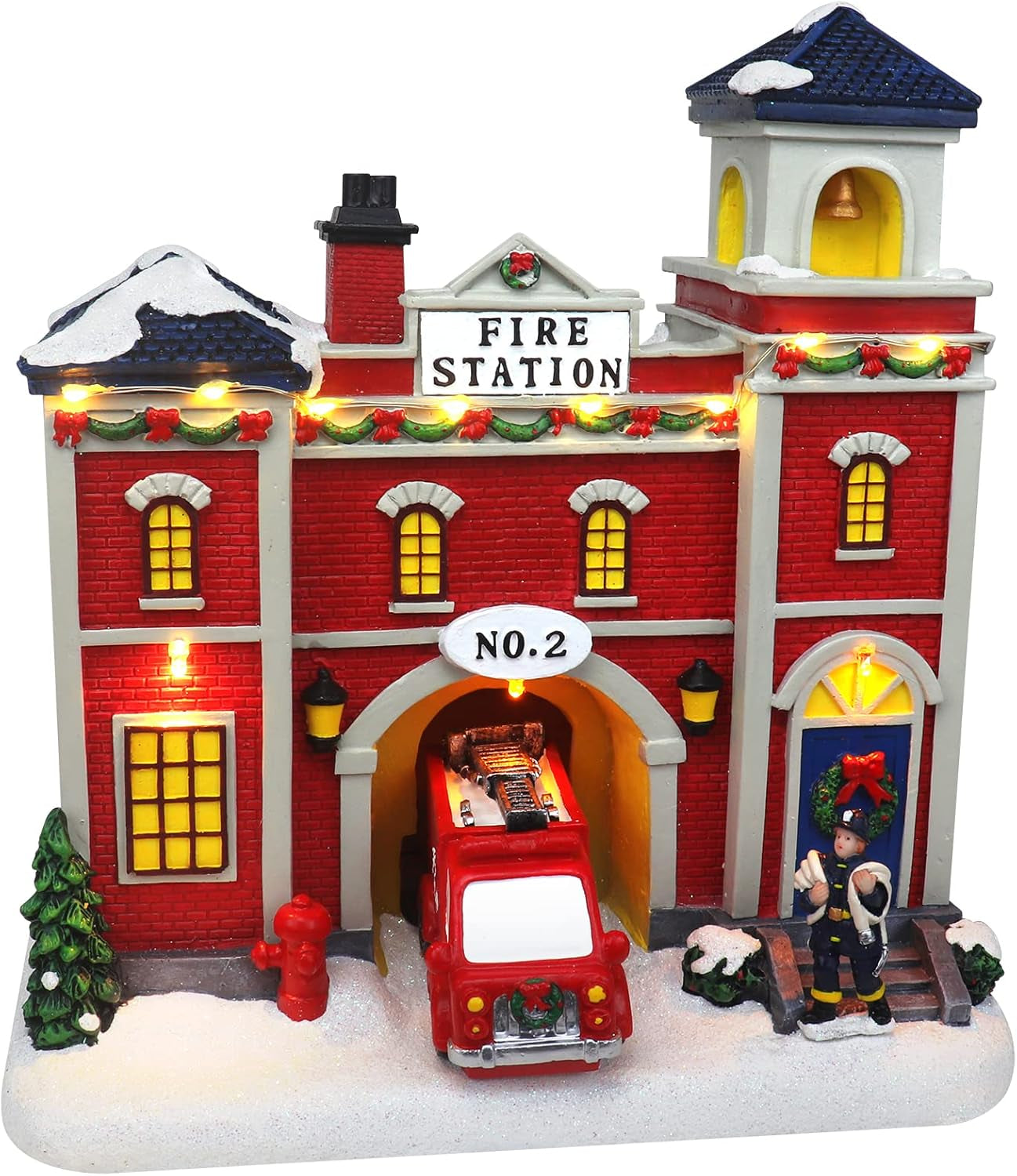 Animated Christmas Village Fire Station - Illuminated Musical Snow Village Collectible - Perfect for Holiday Indoor Decor and Displays - Made from Resin with Moving Truck Feature