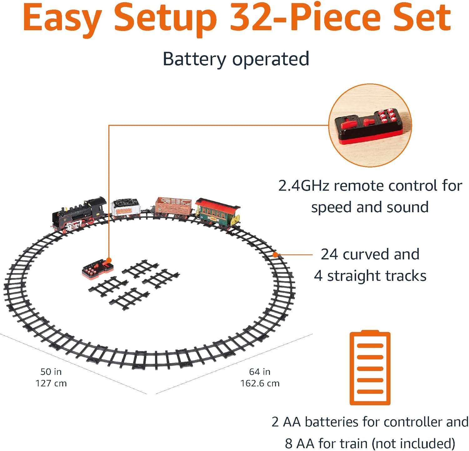 Amazon Basics Remote Control Steam Engine Model Train Set with Tender, Gondola, and Caboose - Features Smoke, Working Lights, and Realistic Sounds - Suitable for Ages 3 and Up - Multicolor